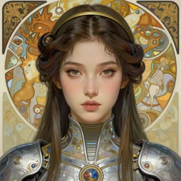 realistic detailed face portrait of a beautiful futuristic priestess in alien mythic armor by alphonse mucha, ayami kojima, amano, greg hildebrandt, and mark brooks, female, feminine, art nouveau, aetherpunk, neo - gothic, gothic, character concept design