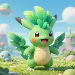 a cute beautiful green plant type pokemon with beautiful happy smile, green feathers bursting out of his hair, full body portrait, highly detailed digital art, 3 d perspective, award - winning illustration, aesthetic, smooth, pokemon style, made by greg rutkowski, with an alien landscape in the background