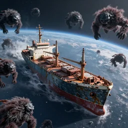 a beautiful hyper realistic 3d render of a derelict cargo ship escaping a horde of shadow beasts on a magnificent planet, hyperspace, by Ian Millerbrom, Maxwell Boas, John Harris, unreal engine, octane render, brilliantly colored, ultra wide angle, trending on artstation, HDR, polished,  ray tracing, 8k