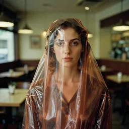 closeup portrait of a woman wrapped in bronze cellophane, standing in an empty cafe, color photograph, by edward hopper, canon eos c 3 0 0, ƒ 1. 8, 3 5 mm, 8 k, medium - format print