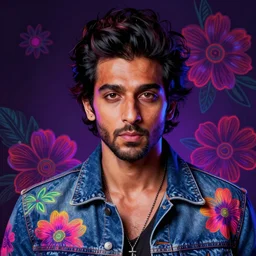 portrait of ranveer singh, hyper detailed masterpiece, neon floral pattern, jean giraud, digital art painting, darkwave goth aesthetic, psychedelic, artgerm, donato giancola and tom bagshaw