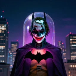 the batman's distress signal device stylized for the joker in the city's night sky