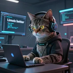 funky cyberpunk cat in headphones prooving that linux is better, javascript, using laptop, extremely detailed, sharp focus, wide view, full body shot, smooth, digital illustration, by james jean, by rossdraws, frank franzzeta, mcbess, sakimichan, brosmin, danton fadeev, steve simpson