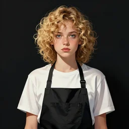 portrait of a feminine boy with curly shoulder length dirty blond hair, wearing a white t shirt and black work apron, dramatic lighting, illustration by Greg rutkowski, yoji shinkawa, 4k, digital art, concept art, trending on artstation