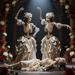 two female skeletons dancing over a lovely corpse, cabaret theater, red and white flowers, spotlight, renaissance, baroque, Marie Antoinette, beautiful, haunting
