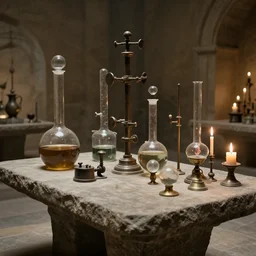 a complex ancient alchemists interior, 4 k, stone table, large beakers full of liquid, knobs, glass orbs, candle lighting, octane render, natural color scheme, architectural photography, f 3 2, still from movie by david lynch,