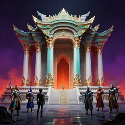 a matte painting of a Modern Atlantis temple of dynasty wang  by Jose Daniel Cabrera Pena and Leonid Kozienko, concept art by Tooth Wu and wlop and beeple and dan mumford and greg rutkowski and nekroxiii. octane render, cinematic, hyper realism, octane render, 8k, iridescent accents. vibrant, teal and gold blue red white noir colour scheme, red and orange glow in purple detph fog volume light