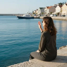 a woman sits by the harbour and the sea is calling to her