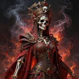 a beautiful detailed 3d matte painting of female empress of the dead, by ellen jewett, by tomasz alen kopera, by Justin Gerard, ominous, magical realism, texture, intricate, ornate, royally decorated, skull, skeleton, whirling smoke, embers, red adornements, red torn fabric, radiant colors, fantasy, volumetric lighting, high details