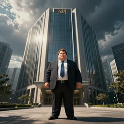 fat businessman in front of his business center