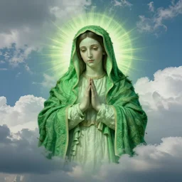 sky with clouds shaped like virgin mary bright green portrait