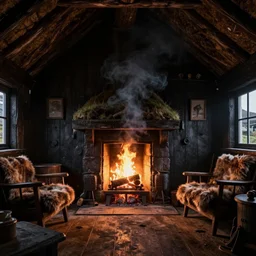 photorealistic rendering of interior a hebridean crofter's black house dwelling, in scotland, open fire in center of room, smoke, wooden furtniture, turf roof, volumetric lighting, dark, dingy, old, unreal engine render