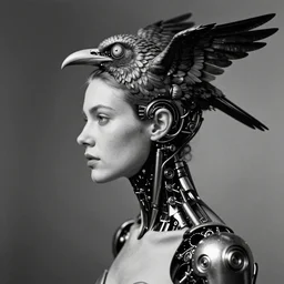 profile portrait a stunning woman - cyborg with a mutant bird head editorial photography bw by hans bellmer shot on 7 0 mm