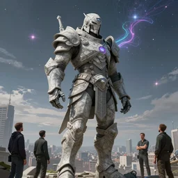 the stone giant armored with ash over the big city on the horizon. beautiful, realistic, 4K by Anita Kunz, Leonardo da Vinci, Peter Mohrbacher, Tomasz Jedruszek and Jakub Różalski, Trending on artstation, hightechnology neon stellar