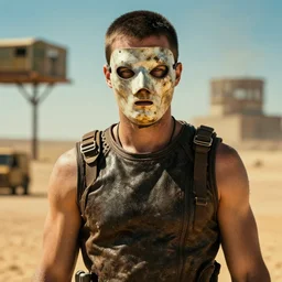 half masked white man, short dark hair, from the makers of mad max fury road. witness me.