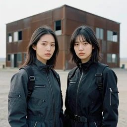 cinestill 5 0 d photographic portrait of two clones standing in front of a brutalist metal building, techwear women on a desolate plain, closeup, depth of field, 4 k, 8 k, hd, full color
