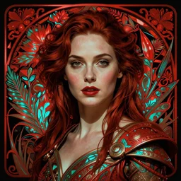 gal gadot as darna, volumetric lights, red and cyan theme, art nouveau botanicals, intricate, highly detailed, digital painting, artstation, concept art, smooth, sharp focus, cinematic, illustration, beautiful face, art by artgerm and greg rutkowski and alphonse mucha