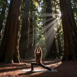 ewoks doing yoga in the redwoods, near the beach, photo