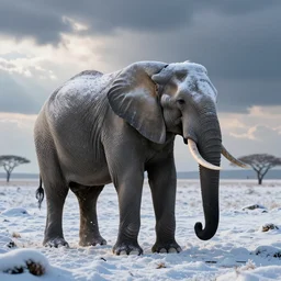 elephant in the frozen serengeti covered in ice and snow