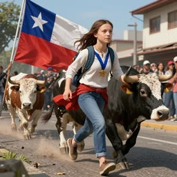 greta thunberg in a bull run across chile, 4 k resolution, octane render, ultradetailed, photorealistic, ultrarealism