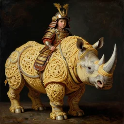 the whole body of a half boy half rhino made of spaghetti, intricate armor made of spaghetti fractals, ancient warrior, samurai style, by giuseppe arcimboldo and ambrosius benson, renaissance, intricate and intense oil paint, a touch of beksinski, realistic