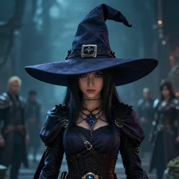 a beautiful dark magician girl with a large witches hat that covers her face by Greg Rutkowski, Sung Choi, Mitchell Mohrhauser, Maciej Kuciara, Johnson Ting, Maxim Verehin, Peter Konig, final fantasy , mythical, 8k photorealistic, cinematic lighting, HD, high details, atmospheric,