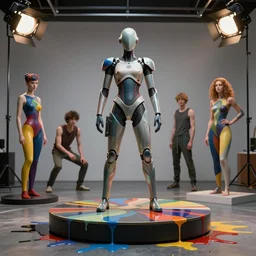 portrait of a transforming model wearing futuristic bodysuit doing poses on a rotating platform in a photography studio surrounded by lights by james jean and luc tuymans and beeple and hernan bas and pat steir and hilma af klint, psychological, 3 d, dripping paint, high quality render, masterpiece