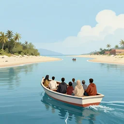 a group of refugees in a small boat sail away from the mainland, choppy waters, fresco, roman mural, pompeian styles, profile