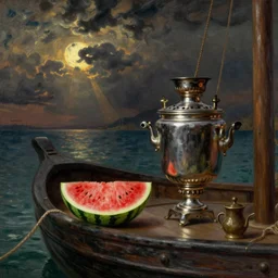 kustodiev beauty with watermelon and samovar on the bow of the ship in the style of the pre - raphaelites