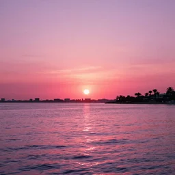 a psychedelic dream of 1 9 8 0 s miami pink sunset at beach, ultra wide shot, jet skis, wind surfers, palm tree, wide - angle lens