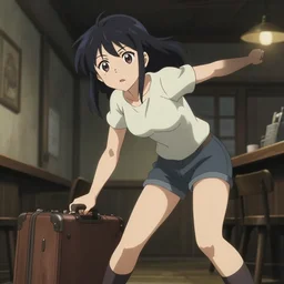 key anime visual portrait of a young female with luggage in a tavern interior, dynamic pose, dynamic perspective, cinematic, dramatic lighting, muted colors, fine detail, textured, big detailed eyes, anatomy, character proportions