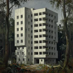 a painting of a building in the middle of a forest, a detailed matte painting, brutalism, dystopian art, rough, unfinished surfaces, unusual shapes, straight lines, greeble, oil paint, insanely detailed and intricate, hypermaximalist, elegant, ornate, hyper realistic by eugene von guerard, zdzislaw beksinski, peter gric