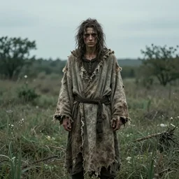 character and environment photography, portrait shamanistic infested 2 0 - year - old male druid, messy hair, old tattered robe, medium shot, wide angle, 2 0 0 px, full front, natural light