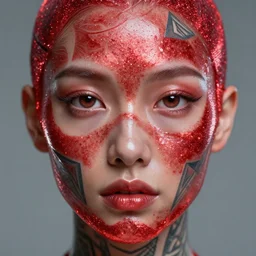 red glittery translucent translucent gel covers the face and head of a woman with geometric tattoos. portrait, cinematic, fresnel, ior, high details, masterpiece, cgsociety, octane render, 8 k, volumetric lighting, photorealism, translucent raytracing, artstation contest winner, perfect eyes and face, symmetrical