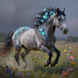 a stunning digital painting of a horse with a mane of bioluminescent flowers running through a field of flowers by eddie mendoza, flowerpunk, volumetric light, digital art, fine detail, photorealistic