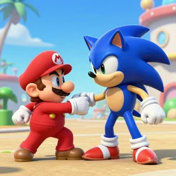 film still of sonic the hedgehog and super mario fighting to tye death