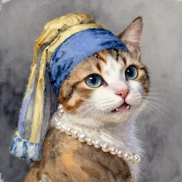 a closeup oil portrait of an innocent, elegant cat, smiling, wearing pearl earrings, water color, by chang yu