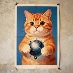 1 9 8 0's color photo, propaganda poster of cute orange cat holding atomic core, poster is o old wall