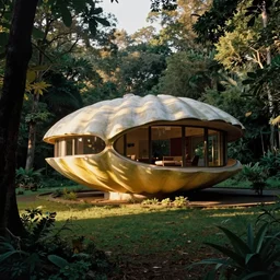 architecture ad for a mid-century modern house in the middle of the forrest, designed by Zaha Hadid. Shell. Film grain, cinematic, colorized, yellow hue