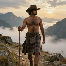 a dramatic epic beautiful ethereal painting of a shirtless rugged handsome desi man on a mountain path | he has a hairy!!! chest, and is wearing a plaid kilt and cowboy hat, and holding a walking stick | background is mountain peaks and clouds | dramatic lighting, golden hour, homoerotic, realistic, art nouveau | by mark maggiori and alfred de breanski | trending on artstation