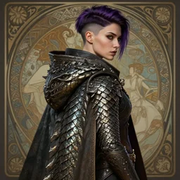 photography of rugged girl, adventurer outfit large cloak, dragon scales, undercut hairstyle, short purple black fade hair, deep focus, d & d, fantasy, intricate, elegant, highly detailed, digital painting, artstation, concept art, matte, sharp focus, illustration, hearthstone, art by artgerm and greg rutkowski and alphonse mucha