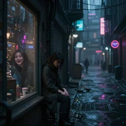 dark alley in a depressing cyberpunk style city with dim neon lights, with a depressed and tired woman reflected in a shop window, but with the reflection showing a fantasy style image of the same scenario, full of joy, innocence and hope, digital art, trending on artstation