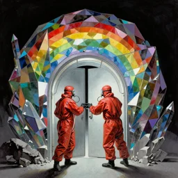 two scientist wearing red hazmat suits pop and locking at the entrance of the geometric rainbow crystal dimensional gateway by frank frazetta