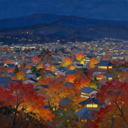 painting of autumn japanese city landscape during night, award winning painting, beautiful, breathtaking, stunning scenery, trending on artstation, masterpiece