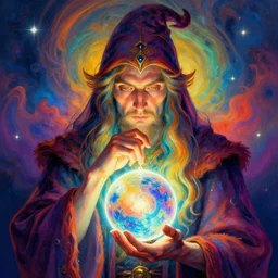 A psychedelic portrait of wizard pondering orb, vibrant color scheme, highly detailed, in the style of romanticism, cinematic, artstation, Moebius, Greg rutkowski