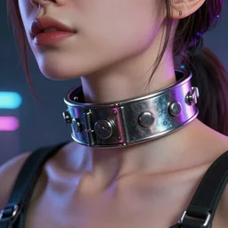 detailed realistic female character cyberpunk wearing thick steel collar around neck, realistic, art, beautiful, 4K, collar, choker, collar around neck, punk, artstation, detailed, female, woman, choker, cyberpunk, neon, punk, collar, choker, collar around neck, thick collar, tight around neck, punk, choker