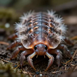 a portrait shot of a beautiful tardigrade covered in feathers, front shot. tilt shift photography, extreme dof