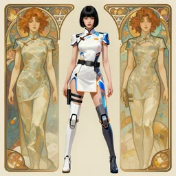 a digital concept art by artgerm, greg rutkowski and alphonse mucha. a high set geometric tailoring uniform. short black hair. clear portrait of an attractive japanese showgirl in hi - tech short cheongsam. cyber leg prosthesis!! white, grey blue and orange laser straps. tactical belt. 8 k. hyper detailed