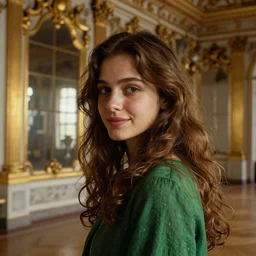 half headshot of a young beautiful woman half turned to the viewer, tired face, almost smiling, young , Pre-Raphaelite, 4k, cinematic, trending on art station, waiting, green, red, golden shades in a baroque golden mirrors hall