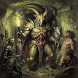 airbrush cornered baphomet orcus hybrid, full bodied shot, random animal | viscera as god |, carapace armor, claustrophobically crowded into a deep in sewer system, chris foss, enric torres, wayne d barlowe, geof darrow, alberto bontempi, feng zu hyper realism, torch light, muted horror of puce lime colors